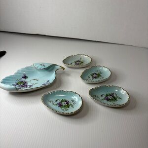 Vtg Arnart Trinket/Ring Dish Set Japan Porcelain Leaf Shaped Dish & 4 Egg Shaped